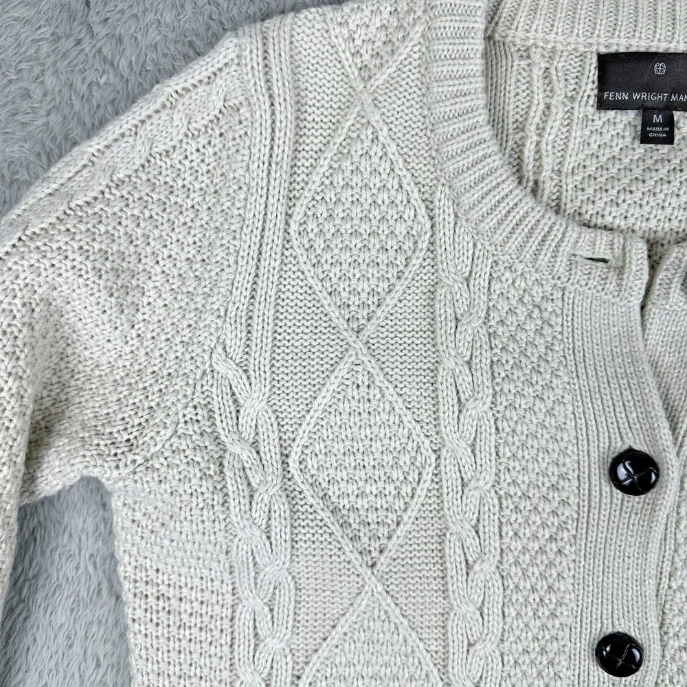 Fenn Wright Manson Cable Knit Cardigan Women's M‎ Ivory Wool Blend Elbow Patches